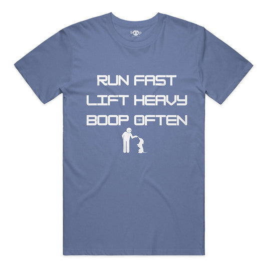 Funny dog owner t-shirt with sarcastic humor -Run Fast. Lift Heavy. Boop Often. - Heather T