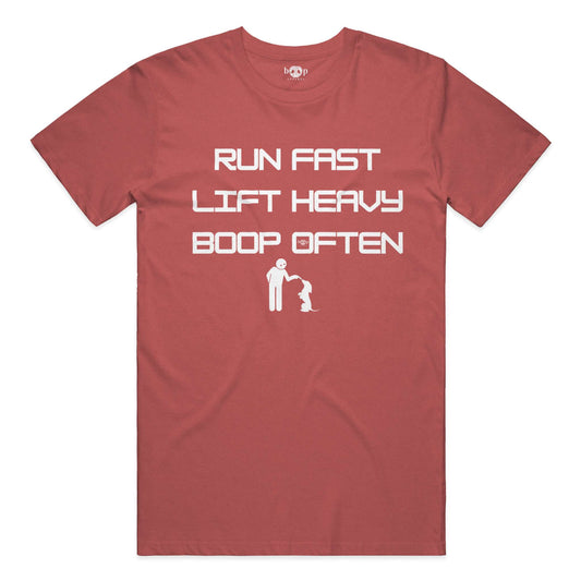 Funny dog owner t-shirt with sarcastic humor -Run Fast. Lift Heavy. Boop Often. - Triblend T