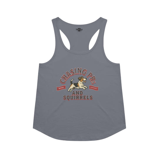 Funny dog owner t-shirt with sarcastic humor -Chasing PRs and Squirrels - Racerback Tank