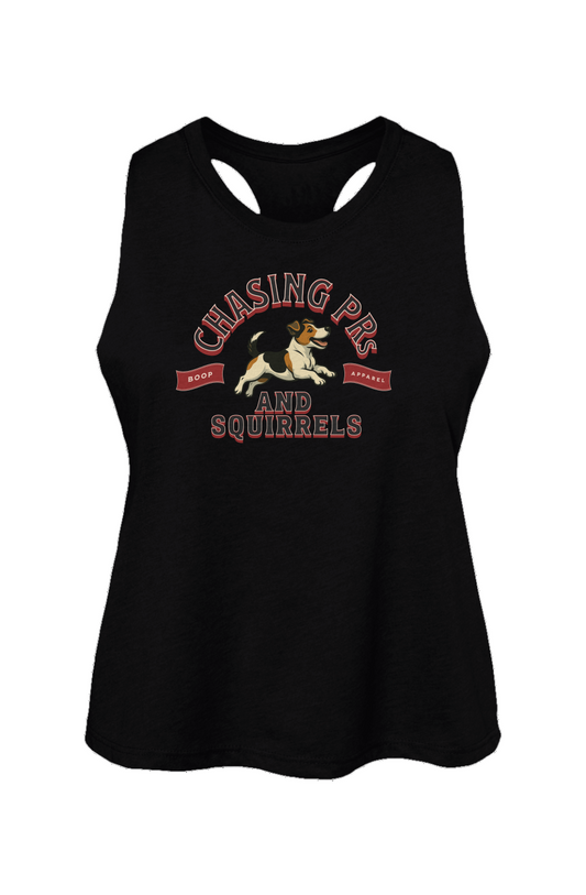 Funny dog owner t-shirt with sarcastic humor -Chasing PRs and Squirrels - Crop Tank