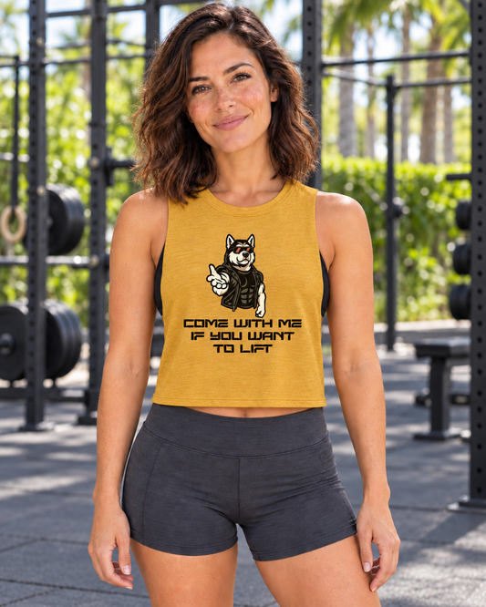 Come With Me Crop Tank — Amy front in Heather Mustard with narrow raw-cut armholes