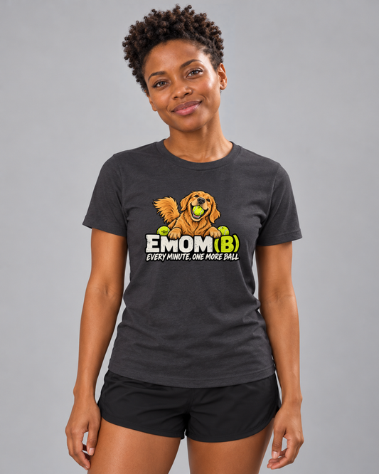 Brandy wearing the EMOM(B) Everyday T in Dark Grey Heather, front studio view.