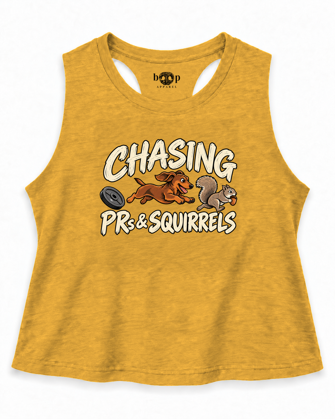 Chasing PRs and Squirrels Crop Tank — Heather Mustard