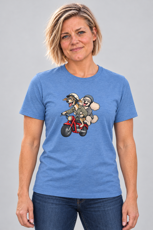 Cindy wearing the Dog and Dogger Everyday T in Heather Columbia Blue, front studio view.