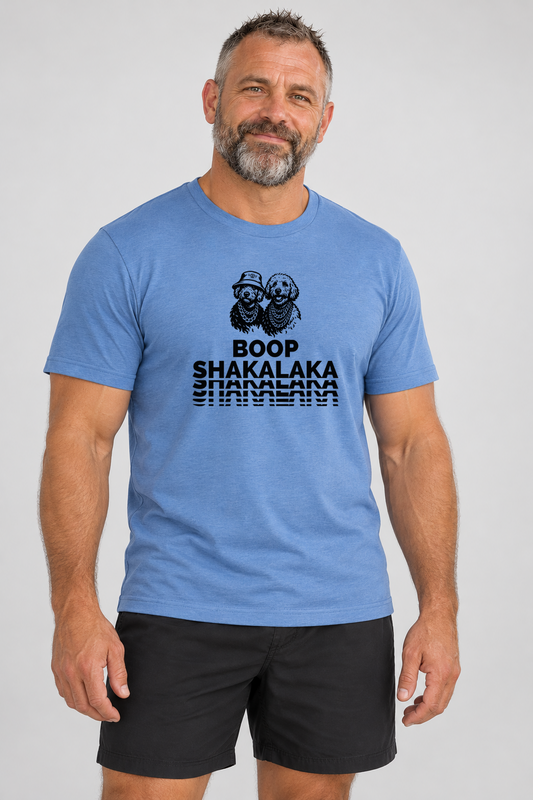 Ed wearing Boop Shakalaka Everyday T in Heather Columbia Blue, studio front view