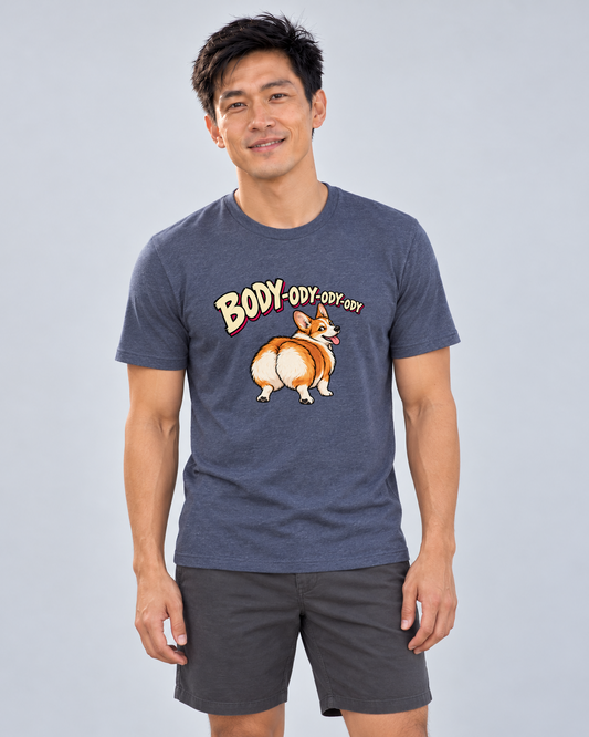 Finn wearing Body-ody Everyday T in Heather Navy, studio front view