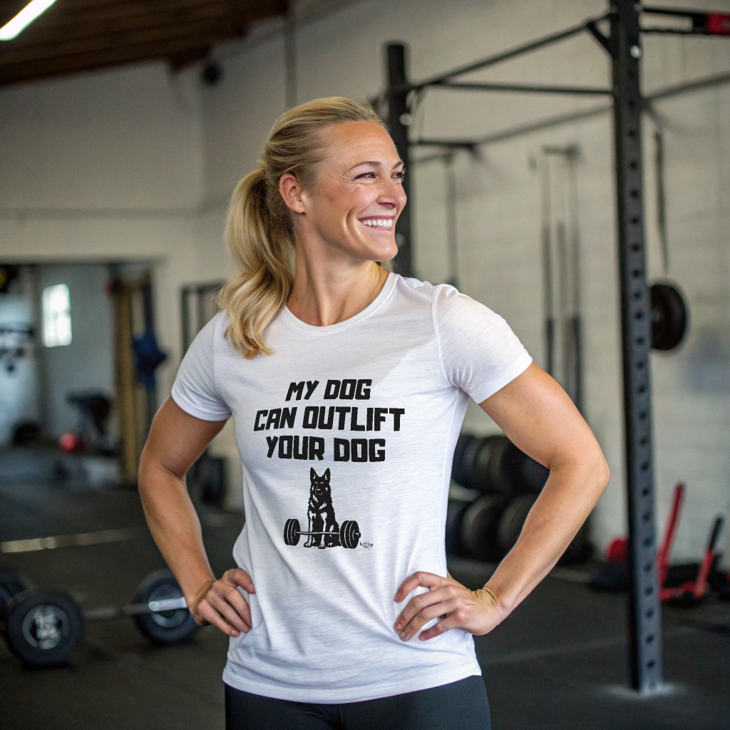 Woman wearing a white t-shirt with a dog graphic and text in a gym setting