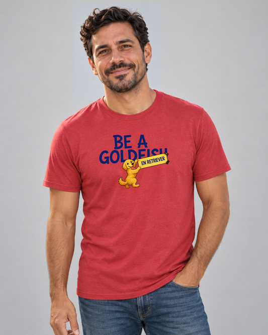 Dave wearing the Boop Apparel Be a Golden Everyday T in Heather Red, studio front view