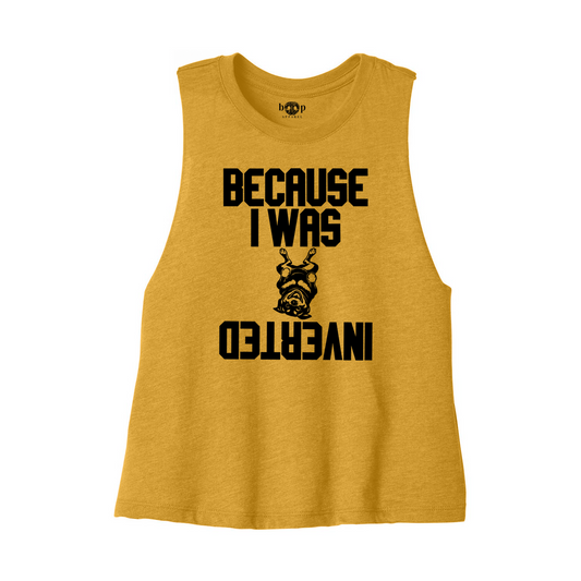 Inverted Bella+Canvas 6682 crop tank flatlay in Heather Mustard — front