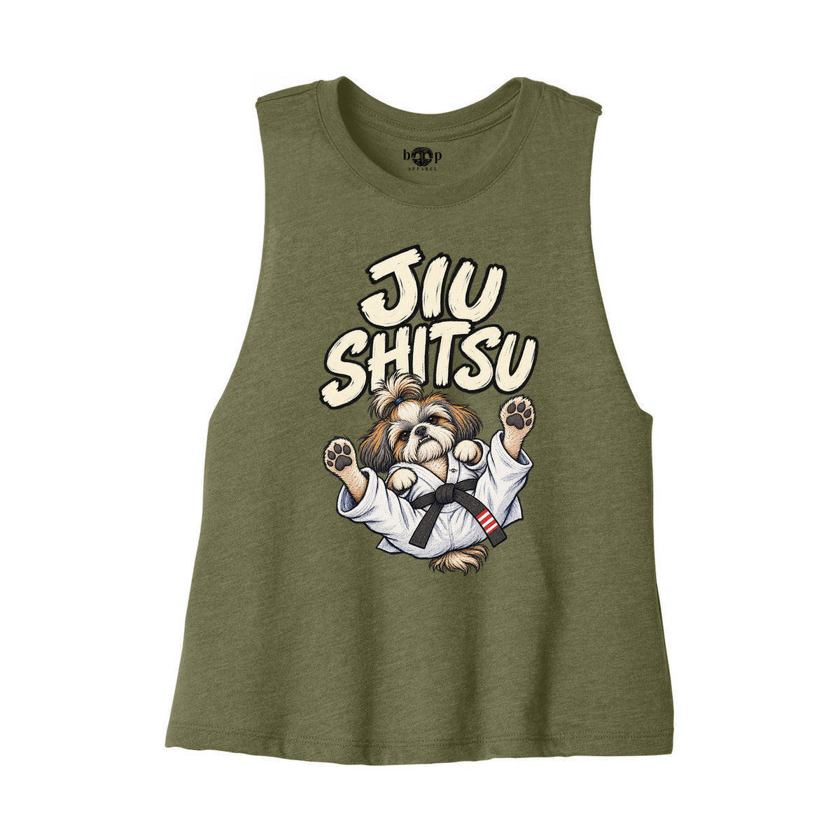 Jiu Shitsu Bella+Canvas 6682 crop tank flatlay in Heather Olive — front
