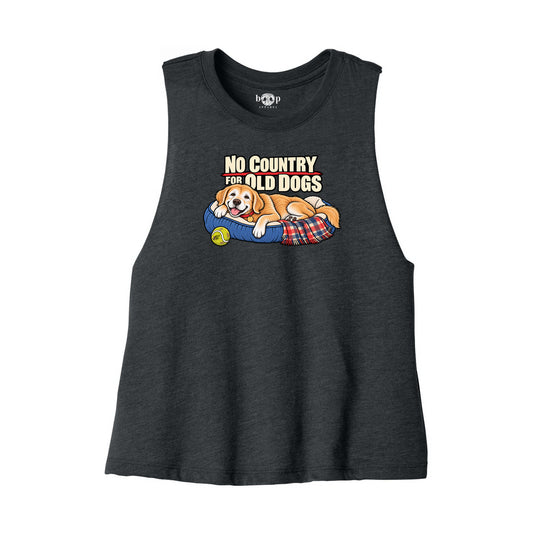 No Country for Old Dogs Bella+Canvas 6682 crop tank flatlay in Dark Grey Heather — front