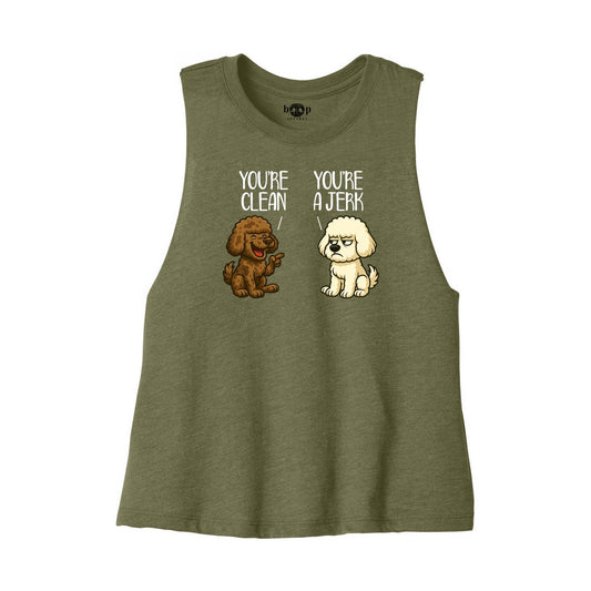 Clean and Jerk Bella+Canvas 6682 crop tank in Heather Olive, front flatlay with original Boop inside-neck print