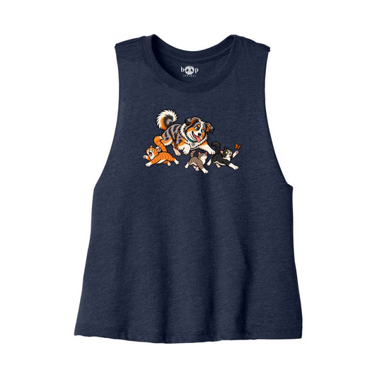 Herding Cats crop tank — heather navy front flatlay