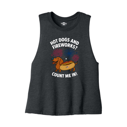 Hot Dogs and Fireworks crop tank — Dark Grey Heather front flatlay
