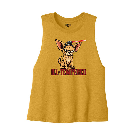 Ill-Tempered crop tank — Heather Mustard front flatlay