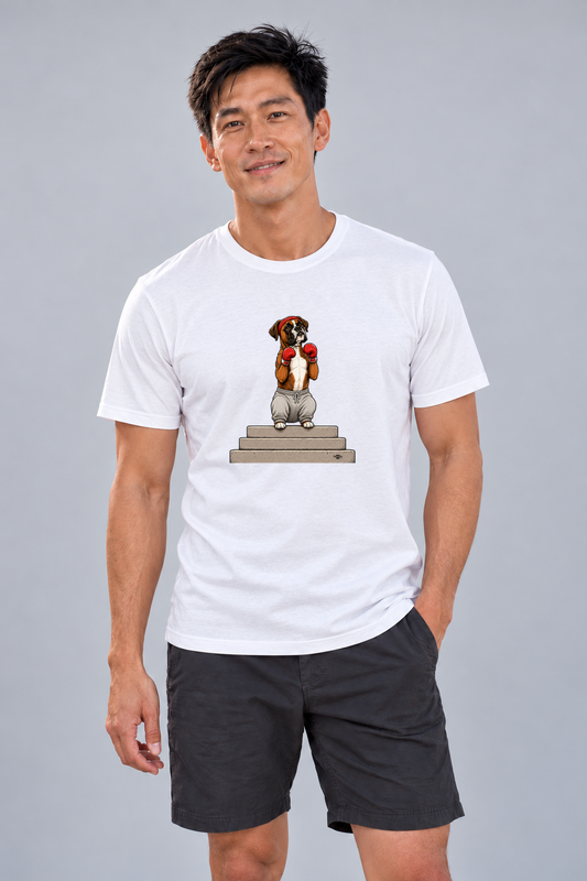 Finn wearing the Boxer Everyday T in Solid White Blend, front studio view.