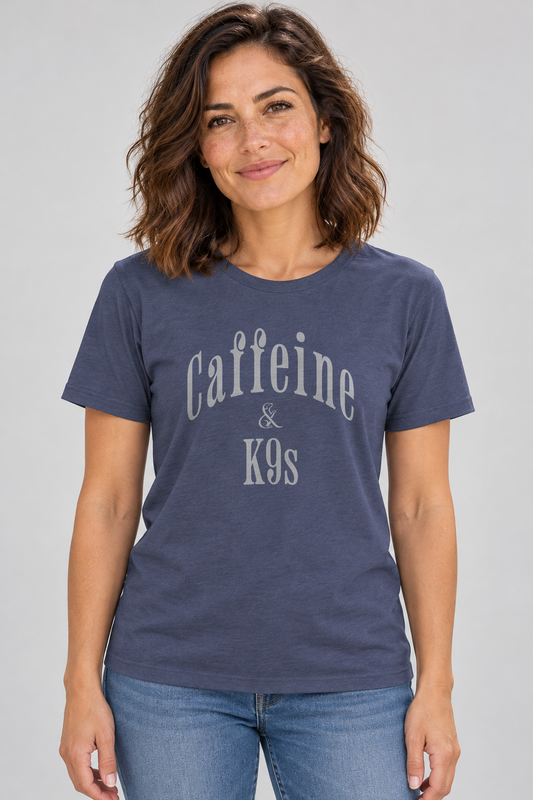 Amy wearing the Caffeine & K9s Everyday T in Heather Navy, front studio view.