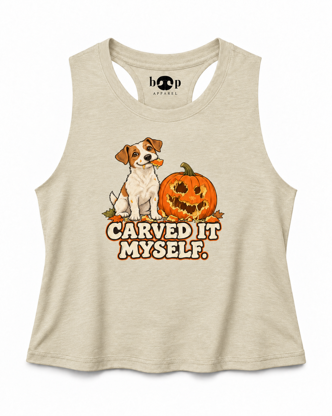 Carved it Myself Crop Tank in Heather French Vanilla, branded front photo