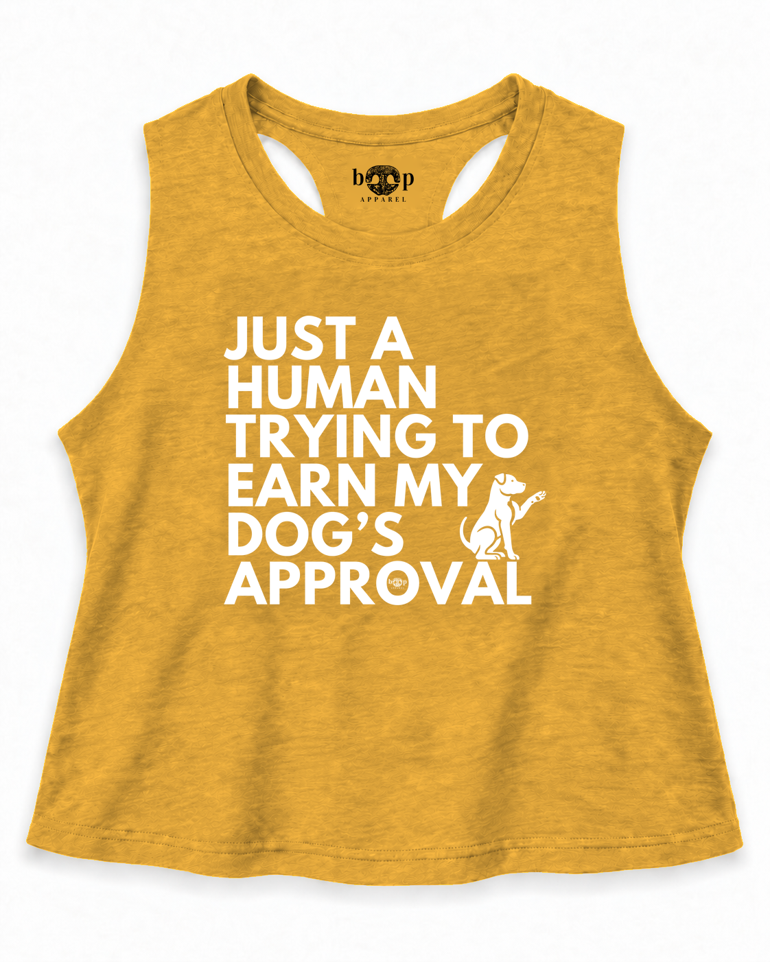 Dog's Approval crop tank in mustard, exact inside neck print
