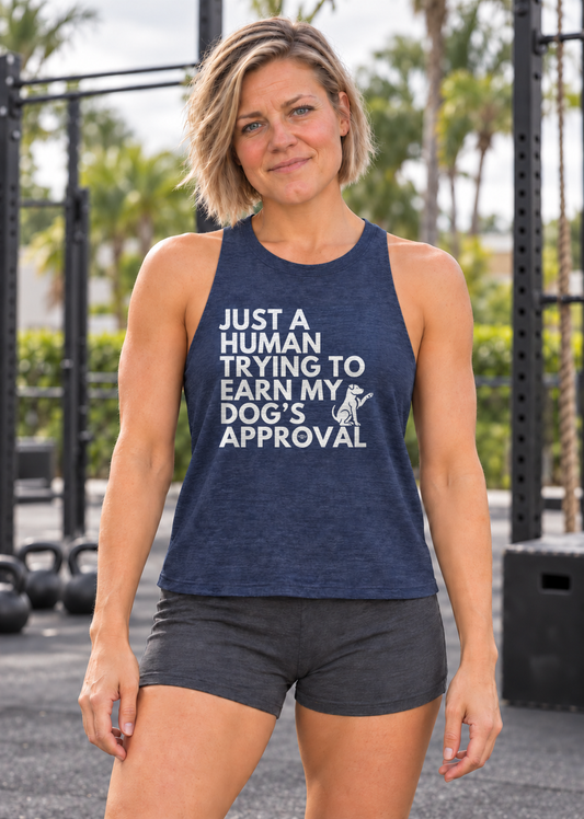 Cindy wearing Dog's Approval Bella+Canvas 6682 crop tank in heather navy, front view