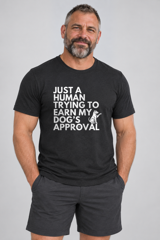 Ed wearing the Dog's Approval Everyday T in Black Heather, front studio view.