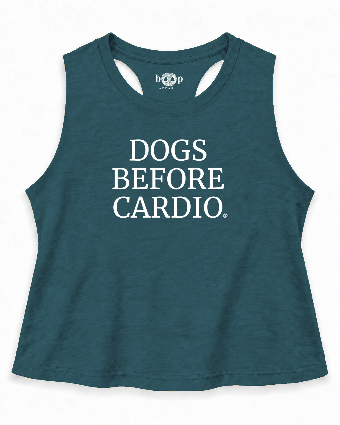 Dogs Before Cardio crop tank Deep Teal approved mockup