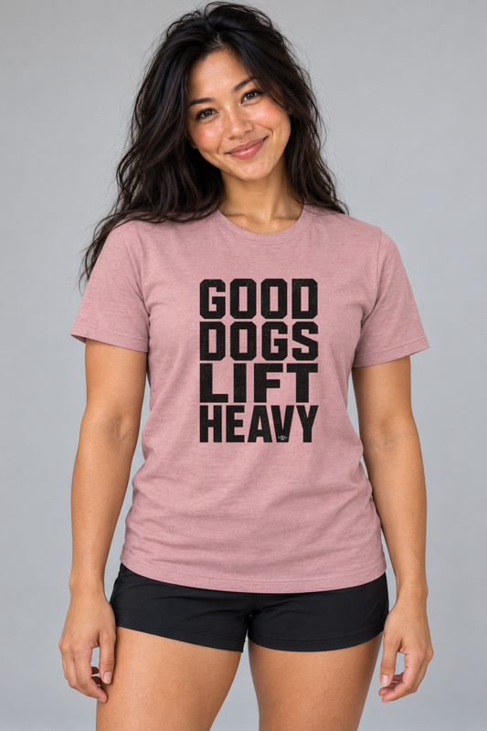 Grace wearing the Good Dogs Lift Heavy Everyday T in Heather Orchid, front studio view.