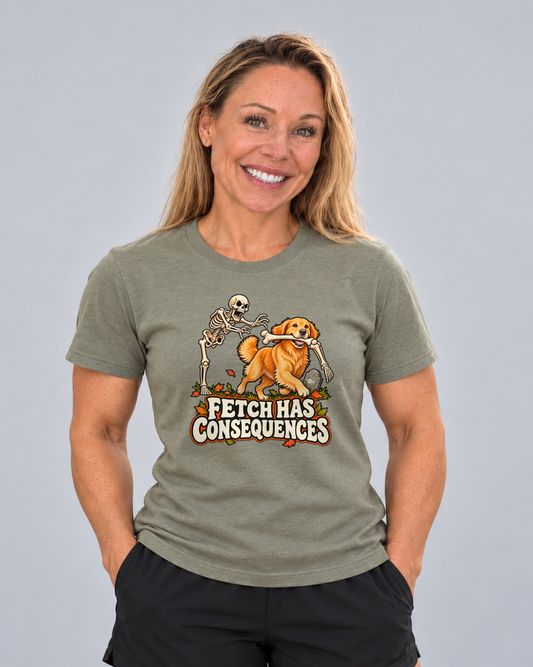 Meg wearing the Fetch Has Consequences Everyday T in Heather Olive, front studio view.