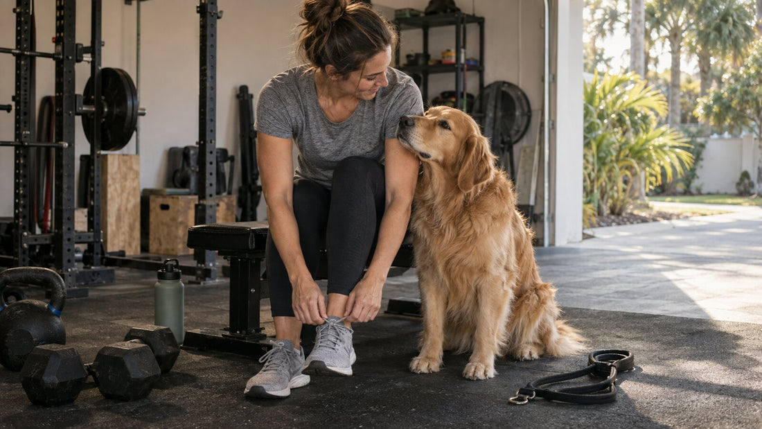 Woman tying her shoes beside a Golden Retriever in a home gym