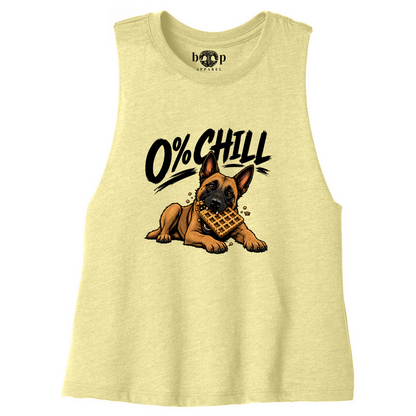 0% Chill Belgian Malinois and waffle design on a Heather French Vanilla Bella+Canvas 6682 crop tank, front flatlay
