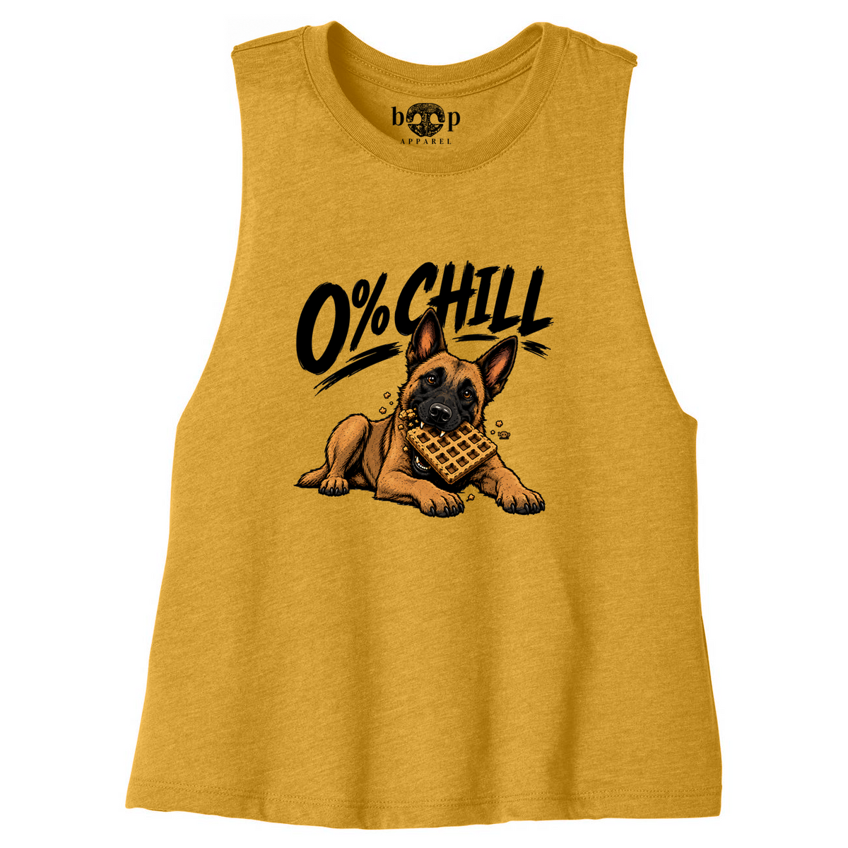 0% Chill Belgian Malinois and waffle design on a Heather Mustard Bella+Canvas 6682 crop tank, front flatlay