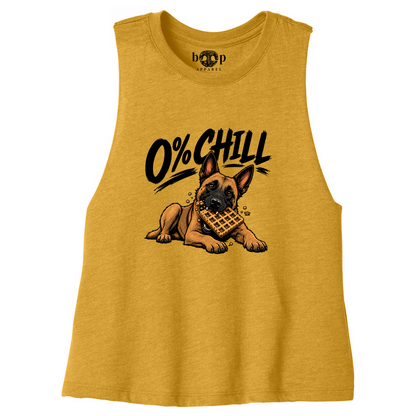 0% Chill Belgian Malinois and waffle design on a Heather Mustard Bella+Canvas 6682 crop tank, front flatlay