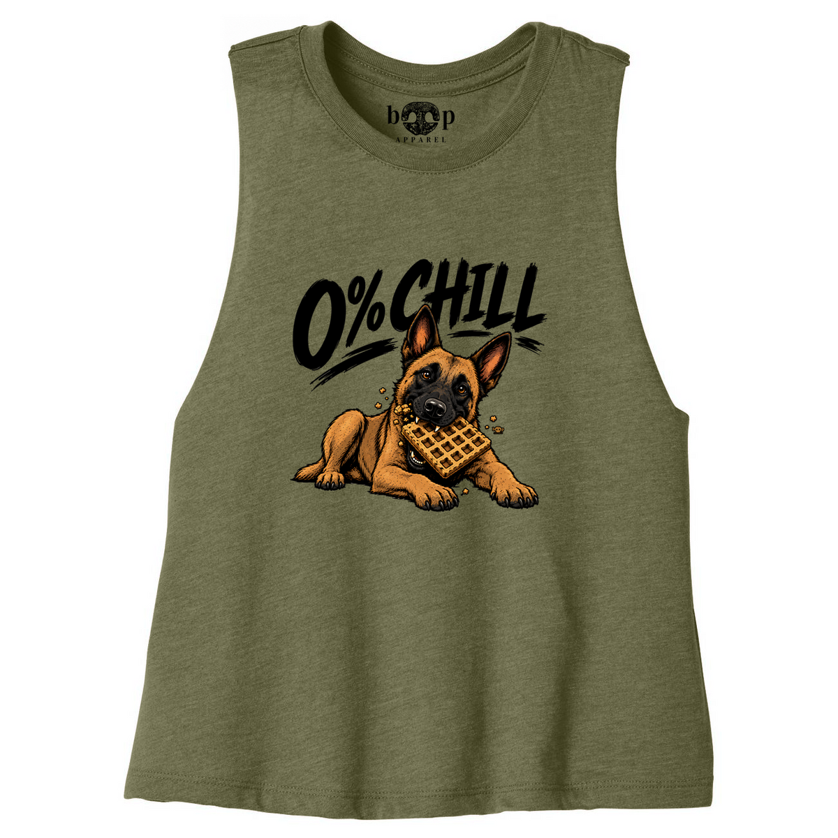 0% Chill Belgian Malinois and waffle design on a Heather Olive Bella+Canvas 6682 crop tank, front flatlay