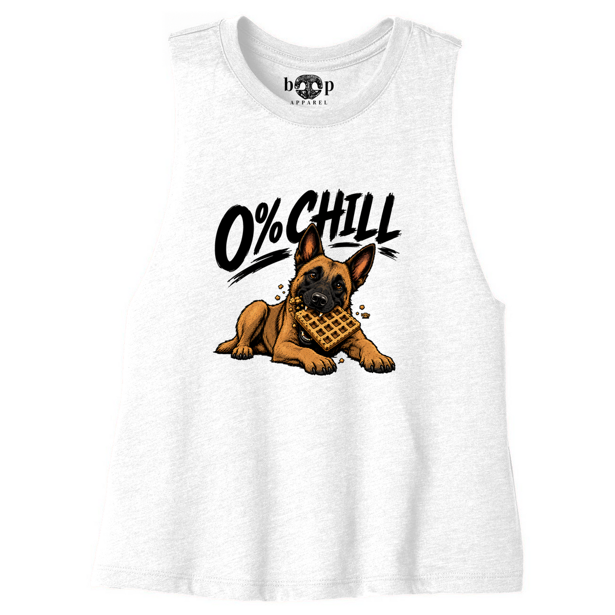 0% Chill Belgian Malinois and waffle design on a Solid White Blend Bella+Canvas 6682 crop tank, front flatlay