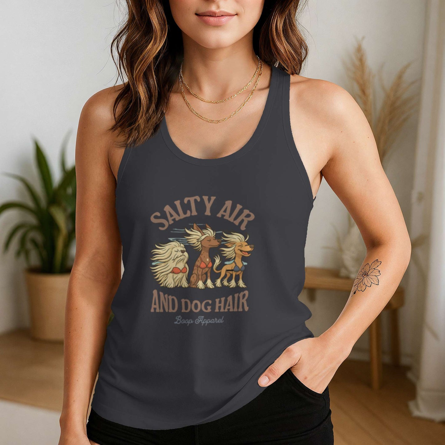 Funny dog owner t-shirt with sarcastic humor -Salty Air and Dog Hair - Racerback Tank