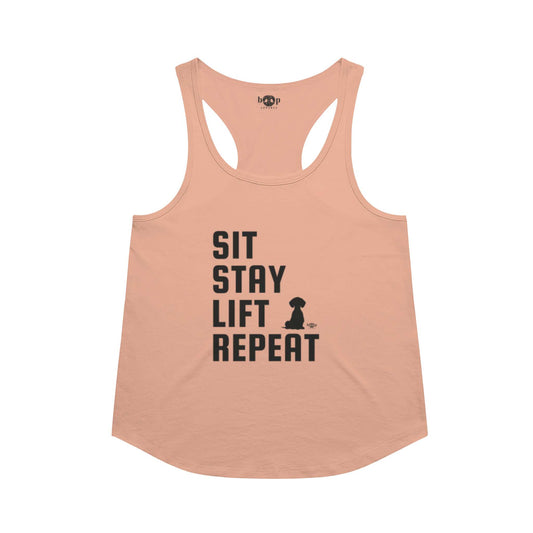 Funny dog owner t-shirt with sarcastic humor -Sit, Stay, Lift, Repeat - Racerback Tank