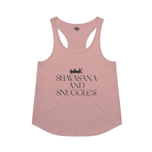 Funny dog owner t-shirt with sarcastic humor -Shavasana and Snuggles  - Racerback Tank