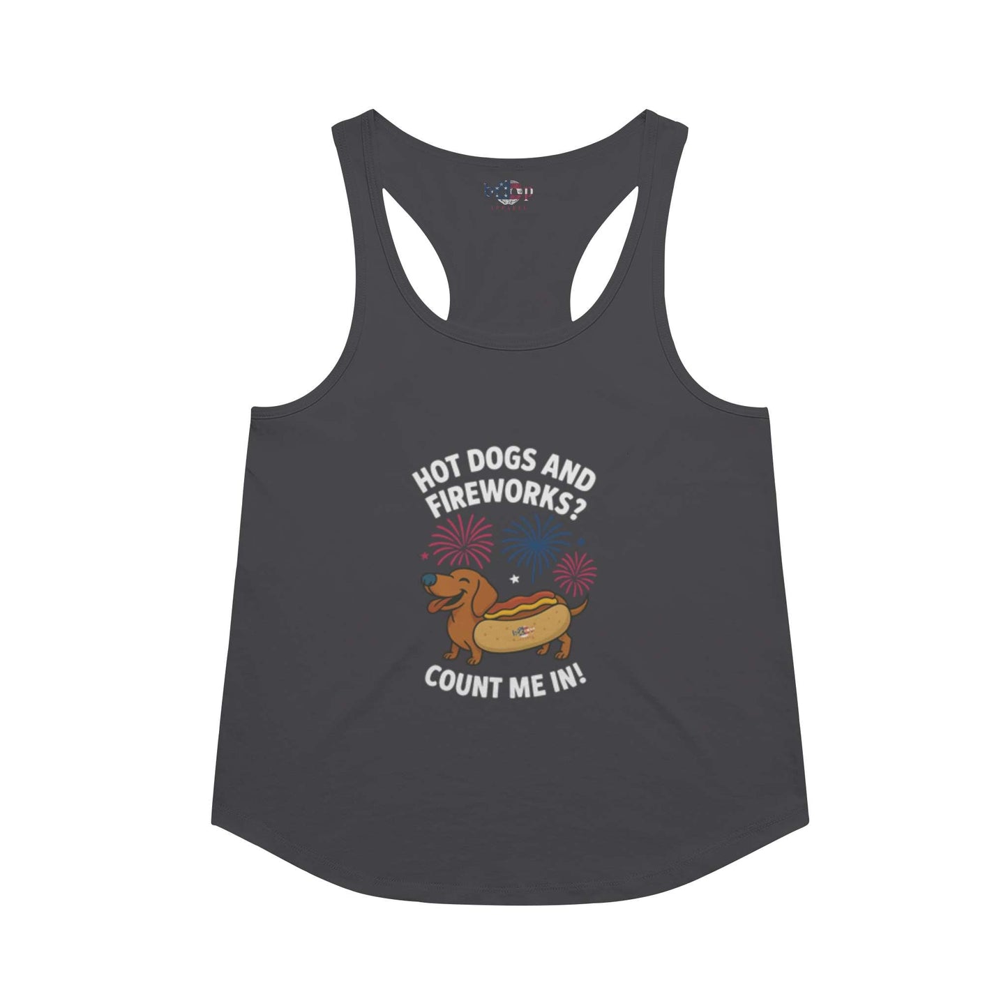 Funny dog owner t-shirt with sarcastic humor -Hot Dogs and Fireworks - Racerback Tank