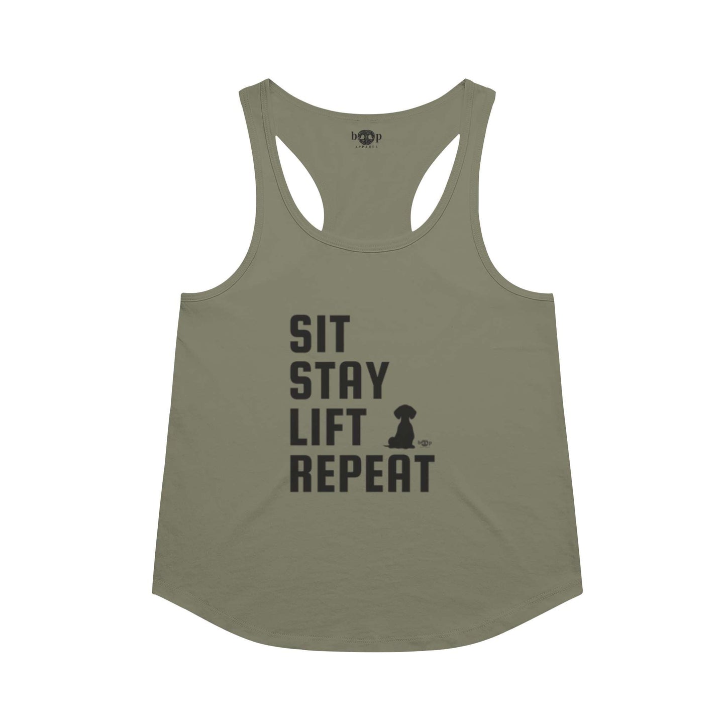 Funny dog owner t-shirt with sarcastic humor -Sit, Stay, Lift, Repeat - Racerback Tank