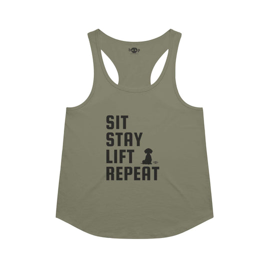 Funny dog owner t-shirt with sarcastic humor -Sit, Stay, Lift, Repeat - Racerback Tank