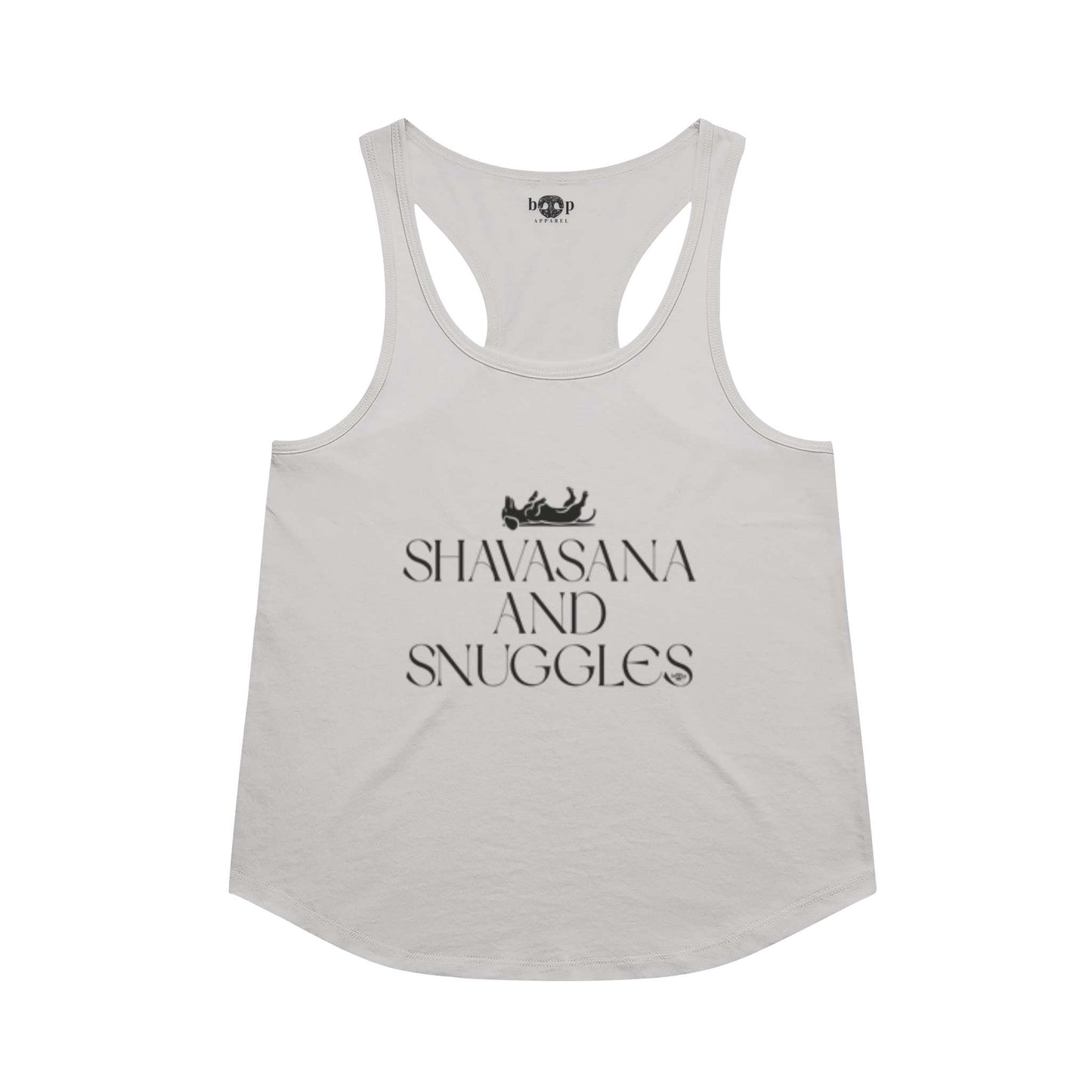 Funny dog owner t-shirt with sarcastic humor -Shavasana and Snuggles  - Racerback Tank