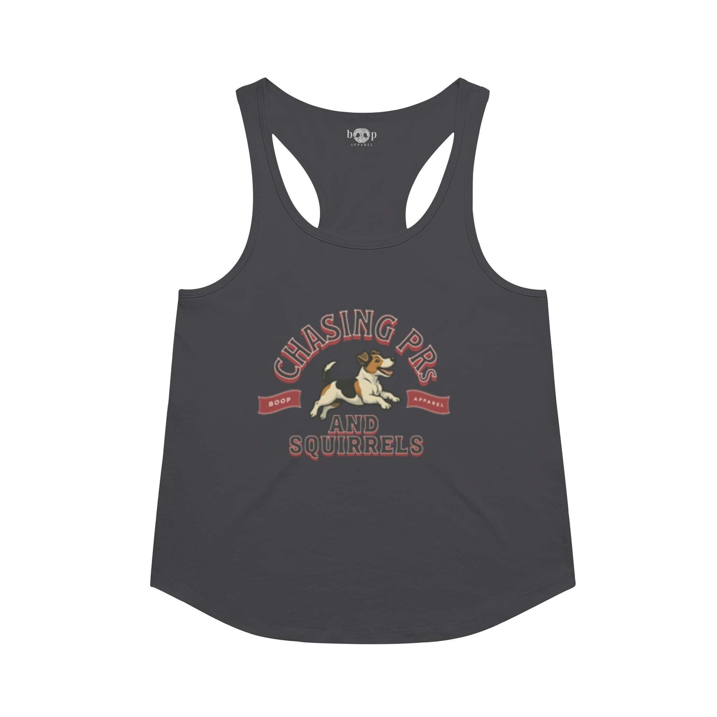 Funny dog owner t-shirt with sarcastic humor -Chasing PRs and Squirrels - Racerback Tank