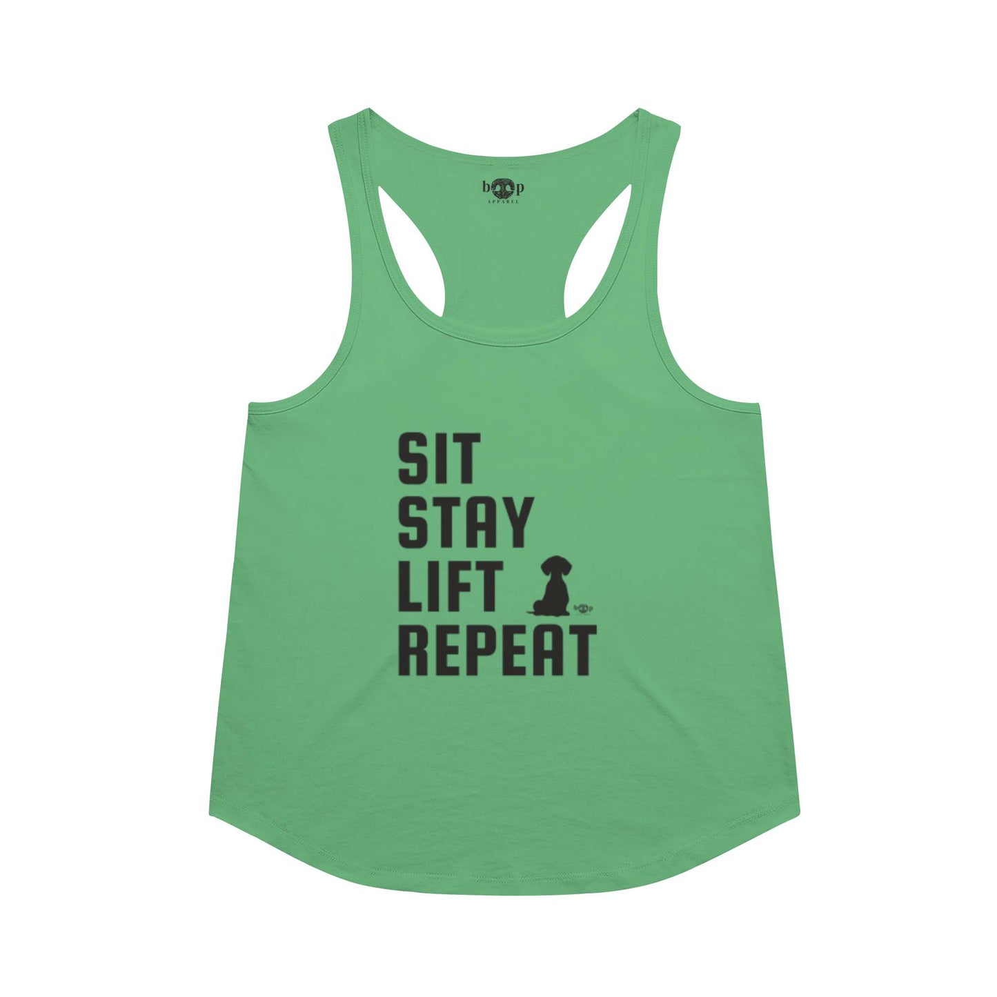 Funny dog owner t-shirt with sarcastic humor -Sit, Stay, Lift, Repeat - Racerback Tank