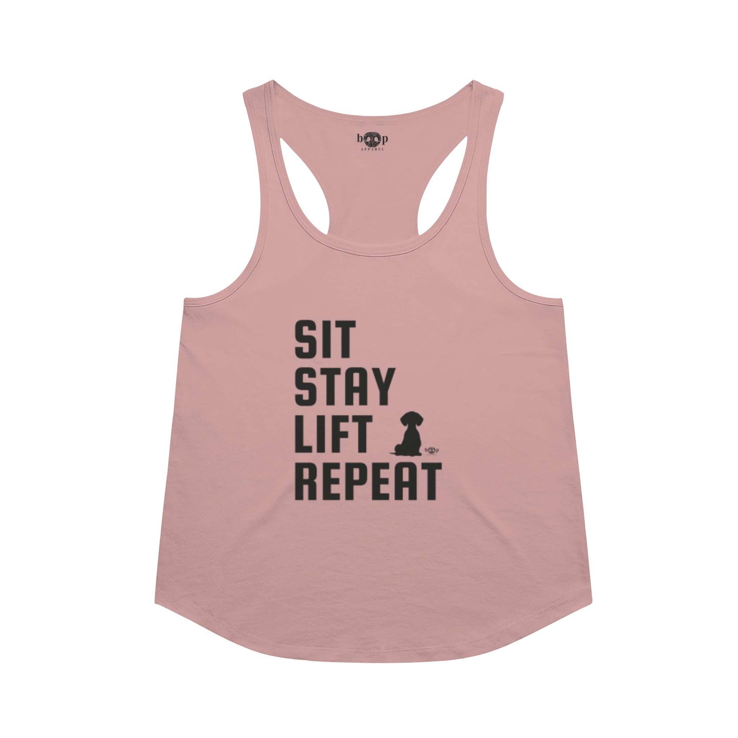 Funny dog owner t-shirt with sarcastic humor -Sit, Stay, Lift, Repeat - Racerback Tank