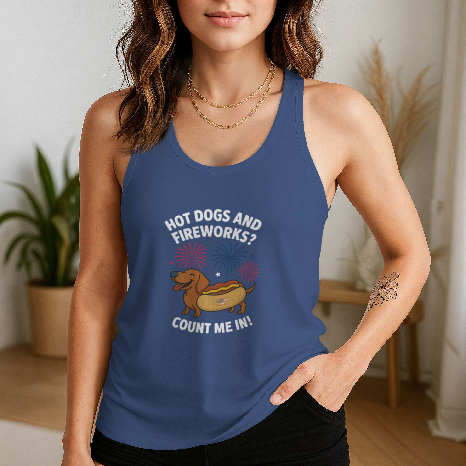 Funny dog owner t-shirt with sarcastic humor -Hot Dogs and Fireworks - Racerback Tank