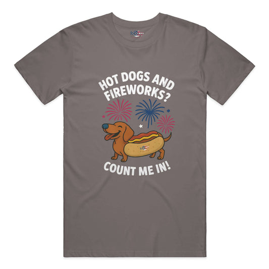Funny dog owner t-shirt with sarcastic humor -Hot Dogs and Fireworks - Cotton T