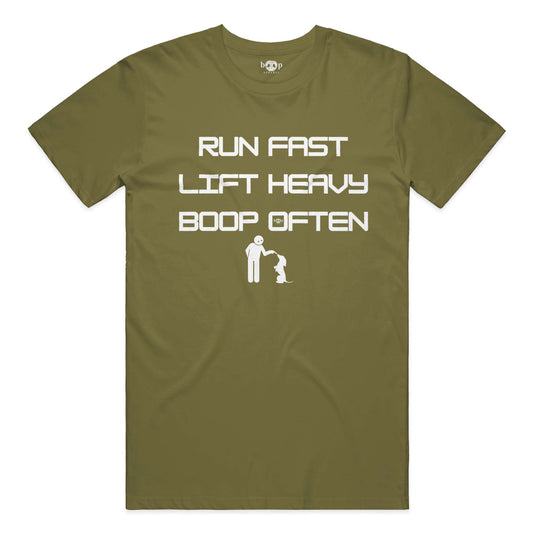 Funny dog owner t-shirt with sarcastic humor -Run Fast. Lift Heavy. Boop Often. - Cotton T