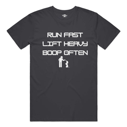 Funny dog owner t-shirt with sarcastic humor -Run Fast. Lift Heavy. Boop Often. - Cotton T