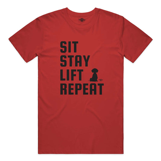 Funny dog owner t-shirt with sarcastic humor -Sit, Stay, Lift, Repeat - Cotton T