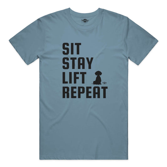 Funny dog owner t-shirt with sarcastic humor -Sit, Stay, Lift, Repeat - Cotton T